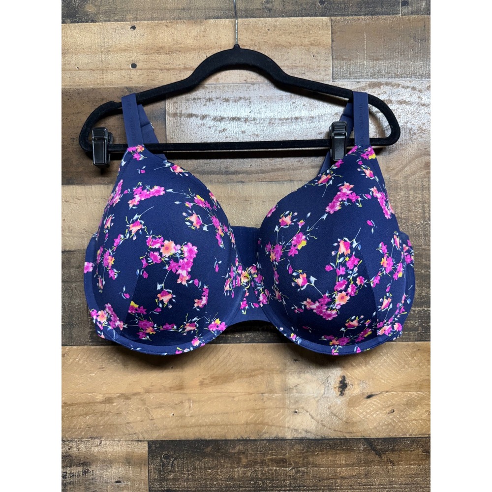 Cacique Lightly Lined T-Shirt Bra 44G Navy Blue Pink Floral Underwire Underwear